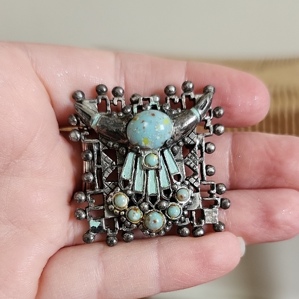 Indian Tribal Arts Vintage Silver Metal and Glass Beaded Turquoise Brooch